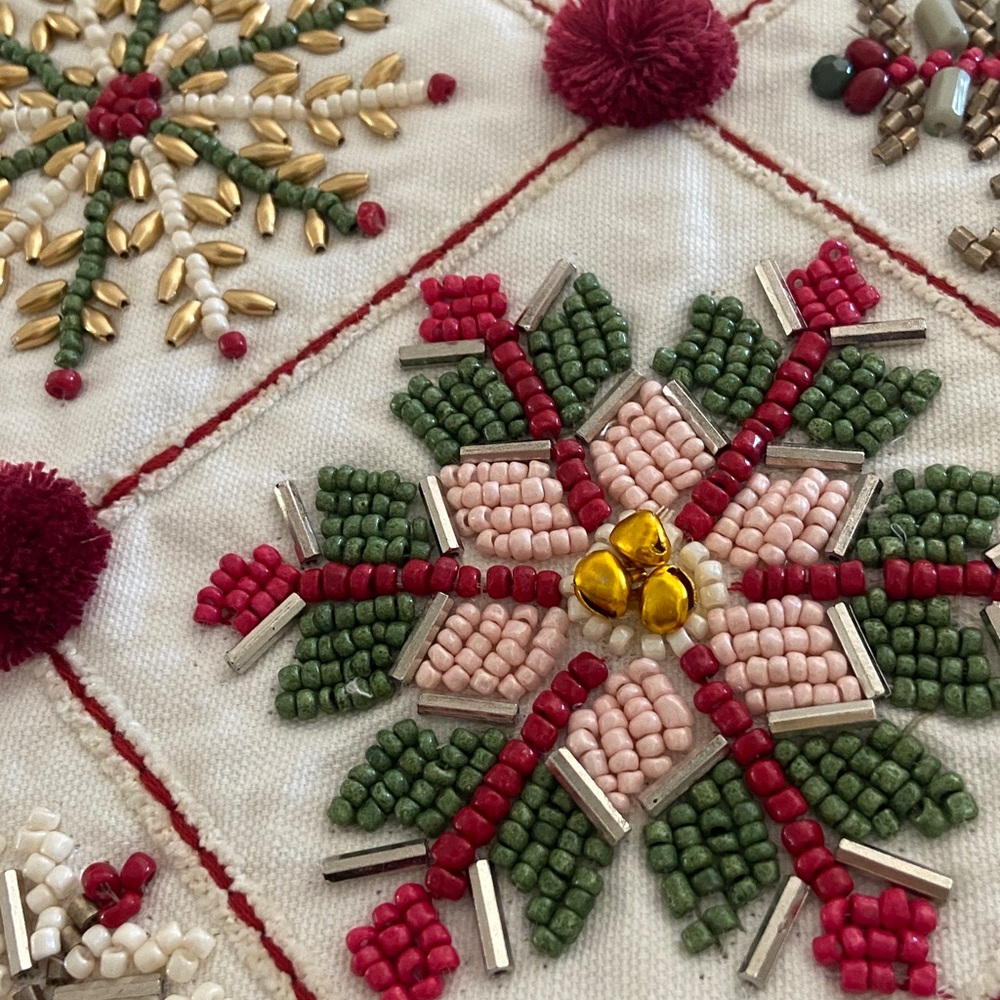 Hand Beaded Christmas Table Runner Pom Pom Trim - Picture 4 of 7